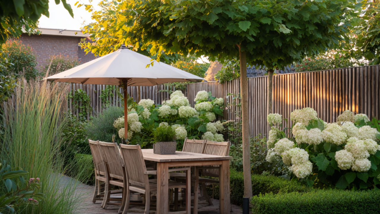 Houten tuintafel met parasol onder dakplataan omringd door bloeiende witte hortensia's