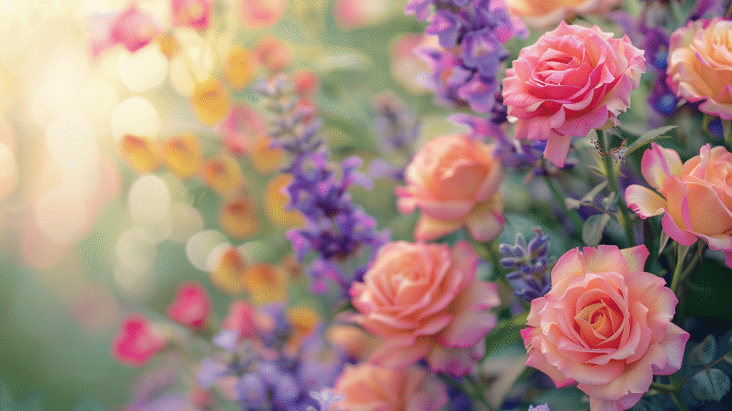 Close-up van zalmroze rozen en paarse lavendel in een zomerse bloementuin