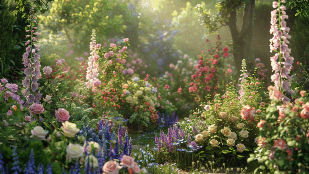 Zomerse Engelse bloementuin in ochtendzon met rozen, vingerhoedskruid en lavendel