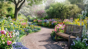 Romantische Engelse tuin met bloemenpracht en houten tuinbank langs grindpad