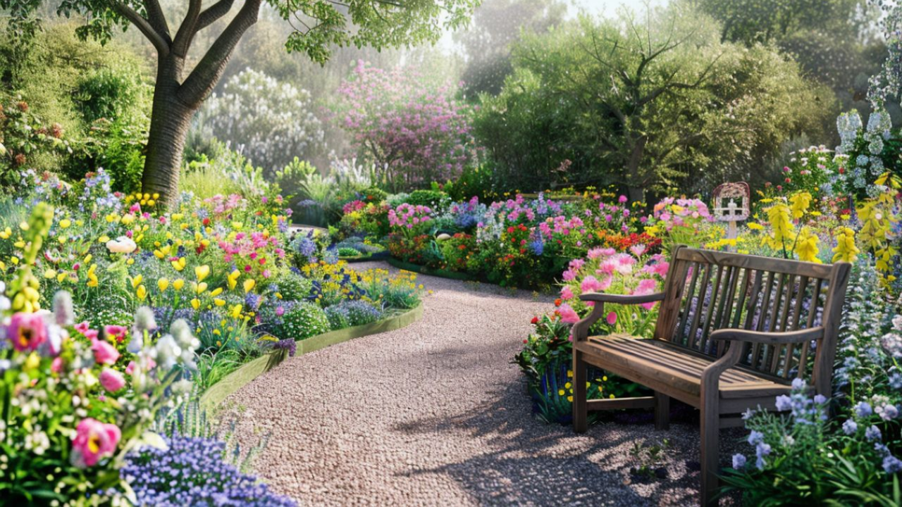 Romantische Engelse tuin met bloemenpracht en houten tuinbank langs grindpad
