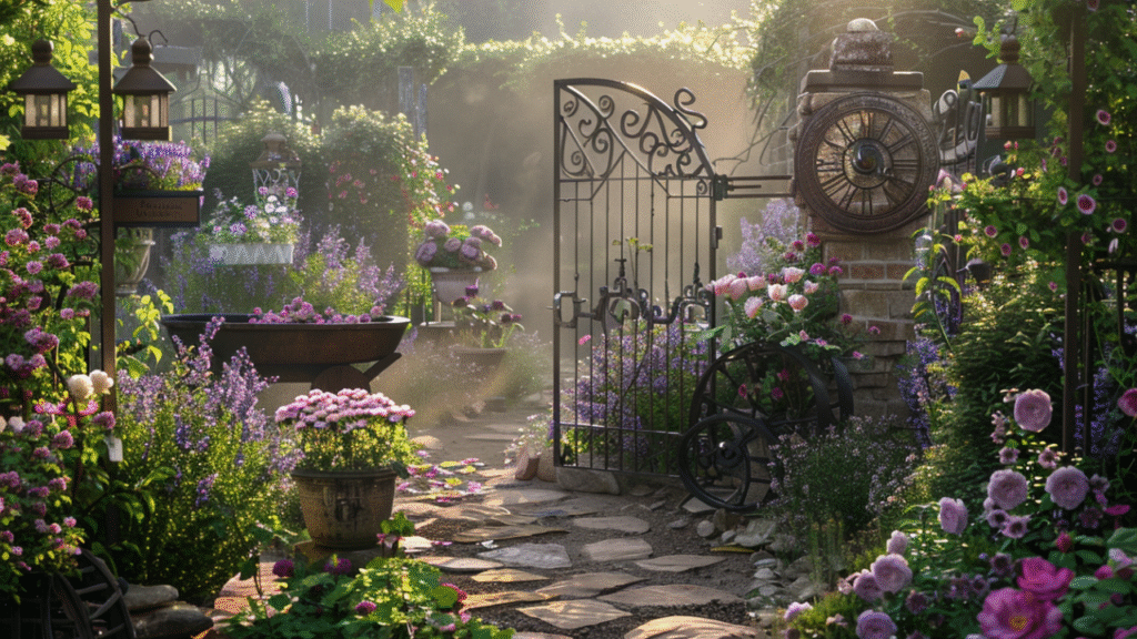 Sfeervolle Engelse tuinpoort met smeedijzeren hek, bloemen en vintage klok