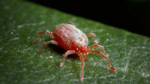 Macro-opname van een rode spintmijt op een groen blad