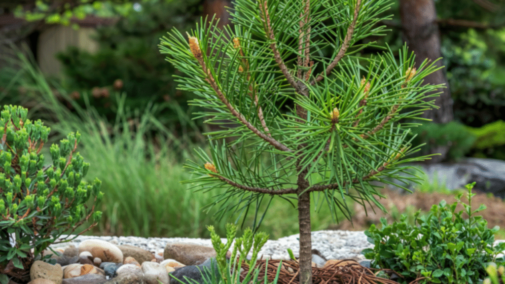 Jonge Pinus strobus Weymouthden met lange naalden in een rotstuin met keien en sierplanten